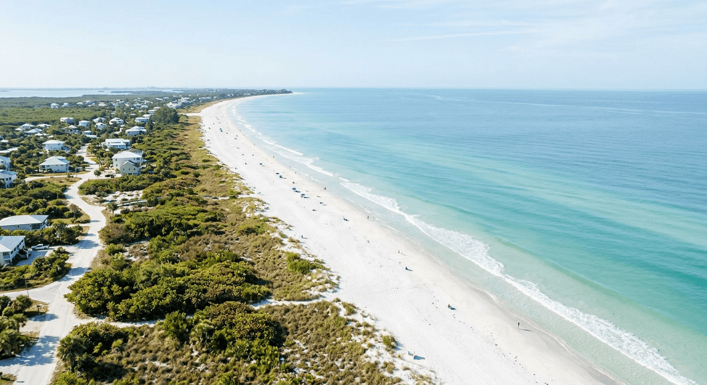 Aerial view of a long white sand beach meeting pale turquoise Gulf water on a clear morning