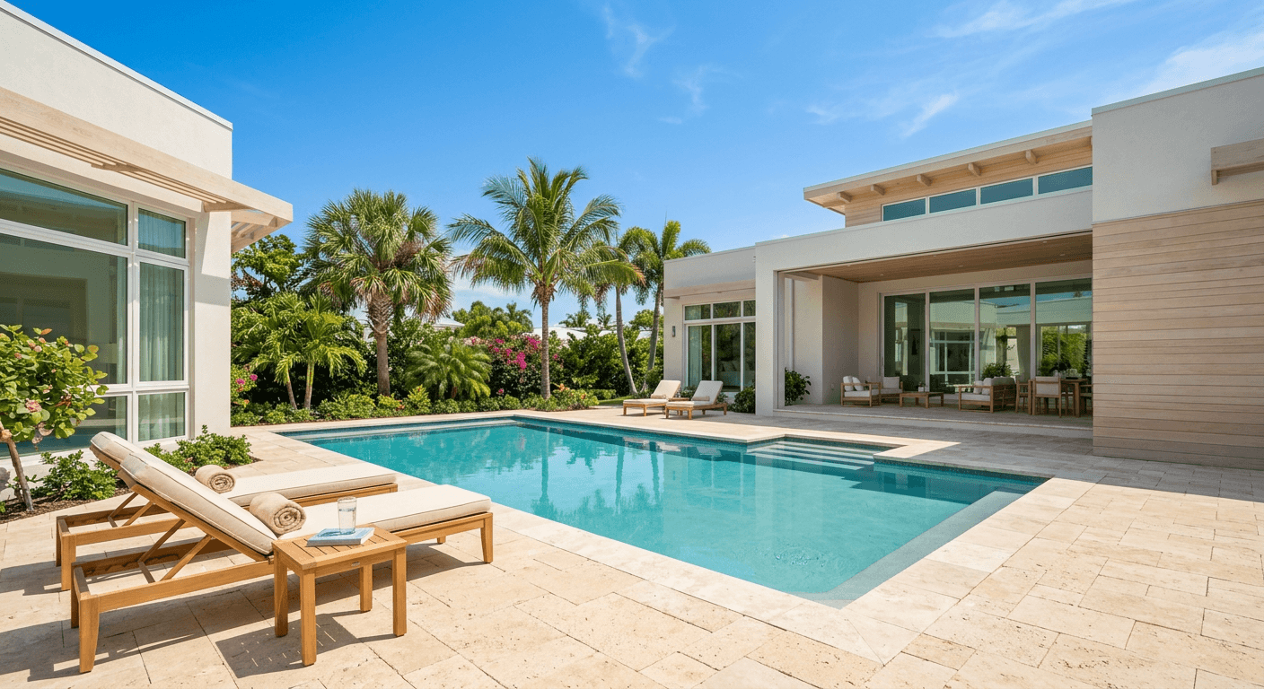 A light modern Florida home with a pool deck and palms under a clear blue sky
