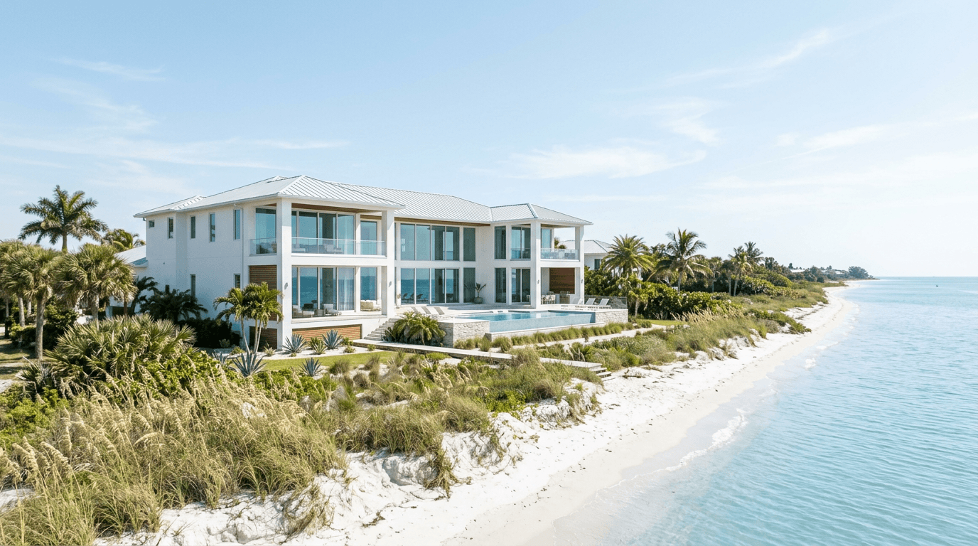 A bright white coastal home behind sea-oat dunes and white sand, with calm Gulf water under a clear blue sky