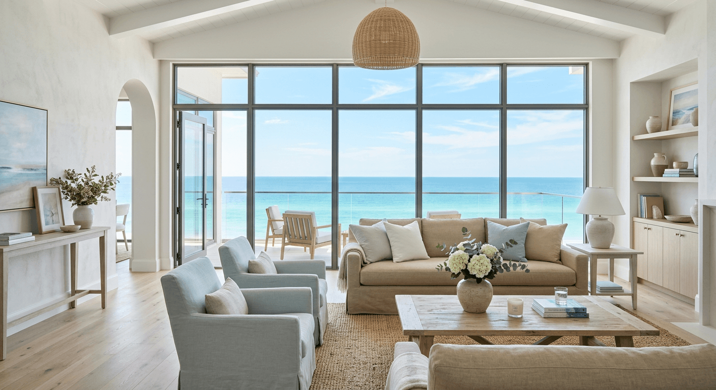 A bright coastal living room with white oak floors and windows open to blue sky and water