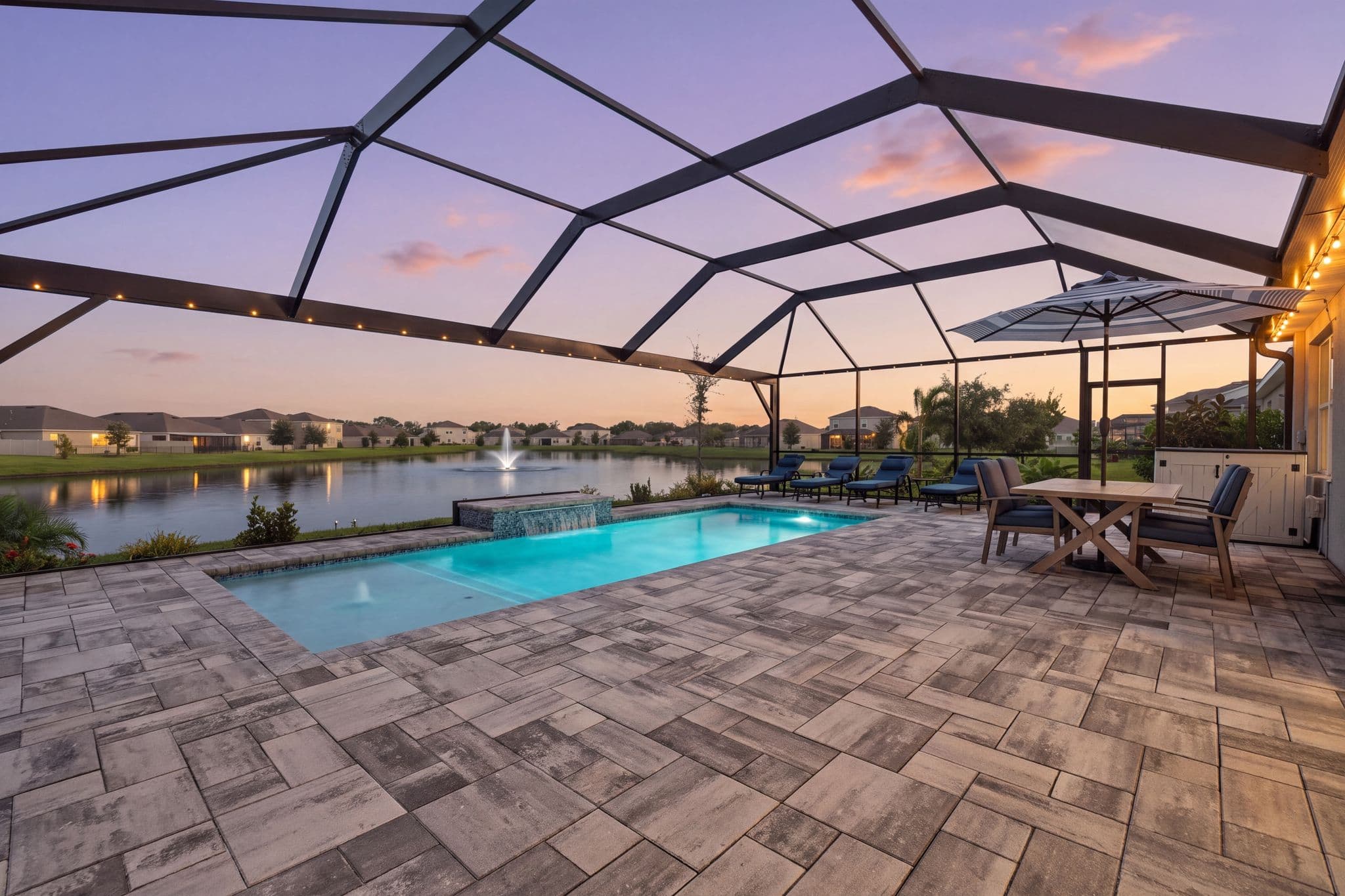 Screened lanai at dusk with a lit saltwater pool and spillover spa, paver deck and patio seating overlooking a lake with a fountain